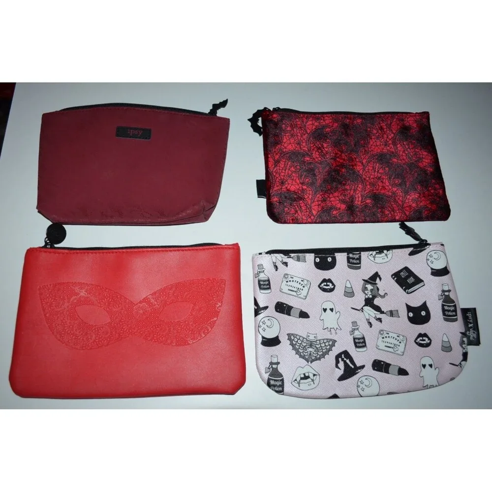 Ipsy Make Up Bag Lot Halloween Red Mask Velvet Bat Spider Web Maroon Lace Valfre